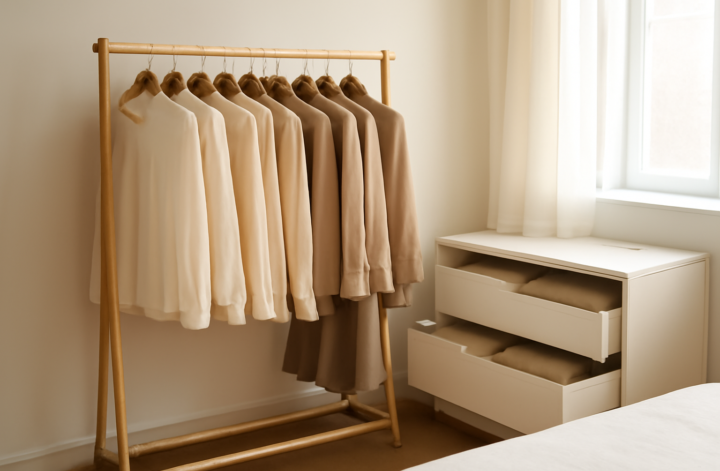 Lemari pakaian wanita tertata rapi dengan atasan netral dan bawahan untuk kapsul wardrobe
