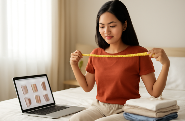 Wanita mengukur badan dengan meteran jahit sebelum belanja baju online