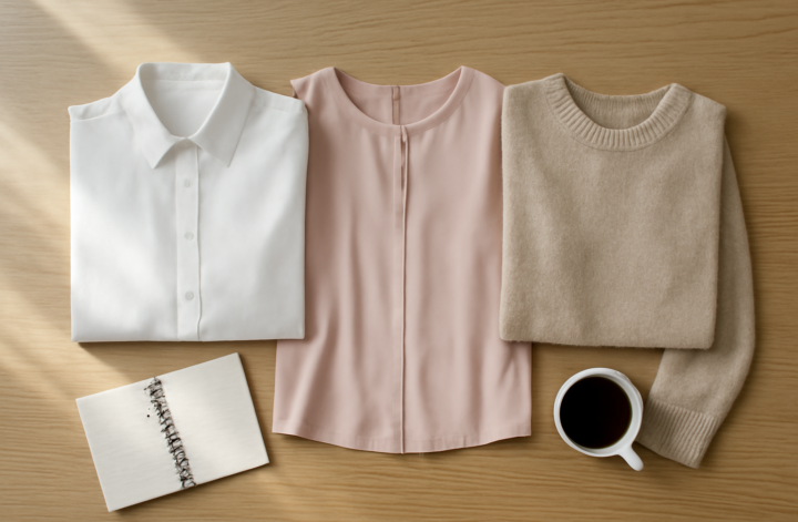 Tiga jenis atasan wanita untuk kerja: kemeja putih, blouse pastel, dan knit netral ditata di atas meja kayu.