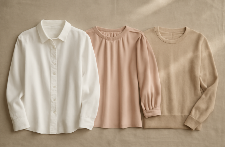Tiga atasan wanita yaitu kemeja putih, blouse pastel, dan knit krem ditata untuk perbandingan model